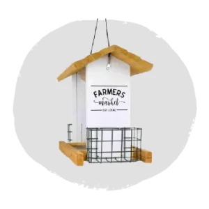 Wood and metal hanging bird feeder with a slanted roof and a white panel featuring 
