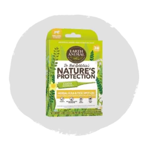 Green and white rectangular package labeled Nature's Protection herbal flea and tick treatment with botanical illustrations on the front.