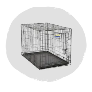 Wire mesh pet kennel with a removable black plastic tray at the base, designed for indoor animal containment against a neutral gray background.