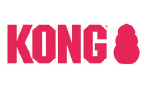 Bold red uppercase text spelling KONG alongside a solid red silhouette of a stacked three-lobed dog toy shape on a white background.