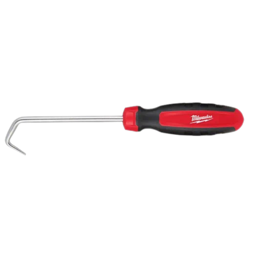 Home improvement hook tool with ergonomic red and black handle for pulling and positioning hoses or cables