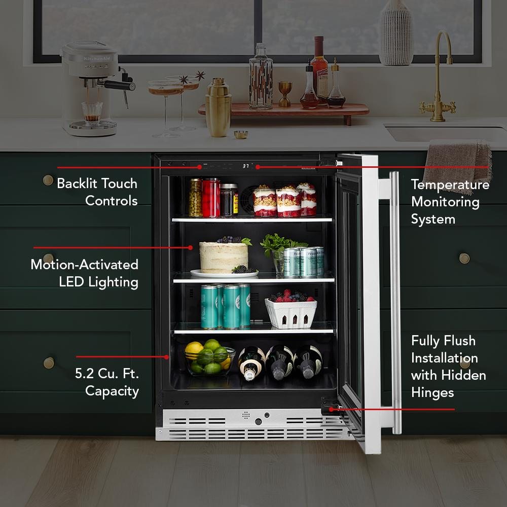 24" Undercounter Refrigerator with Glass Door and Shelves with Metallic Accents