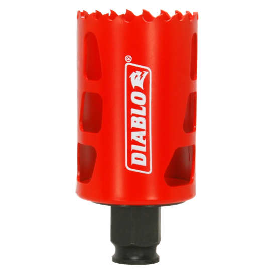 Red cylindrical hole saw with sharp teeth and Diablo logo for woodworking tools under 50 dollars home improvement