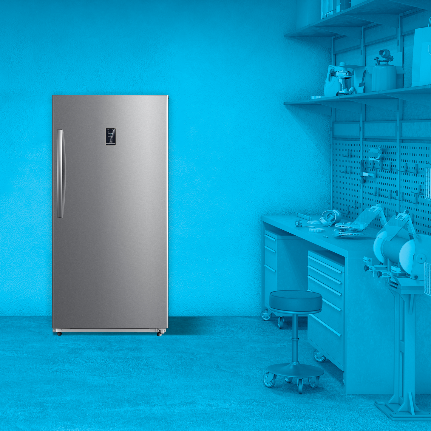 Stainless steel upright convertible freezer with digital control panel in a bright workshop setting, part of Freezers & Ice Makers and Kitchen & Kitchenware collections at Hartville Hardware.