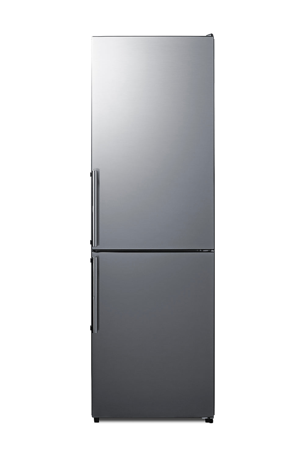 Slim stainless steel refrigerator with bottom freezer and vertical handles in kitchen appliances collection