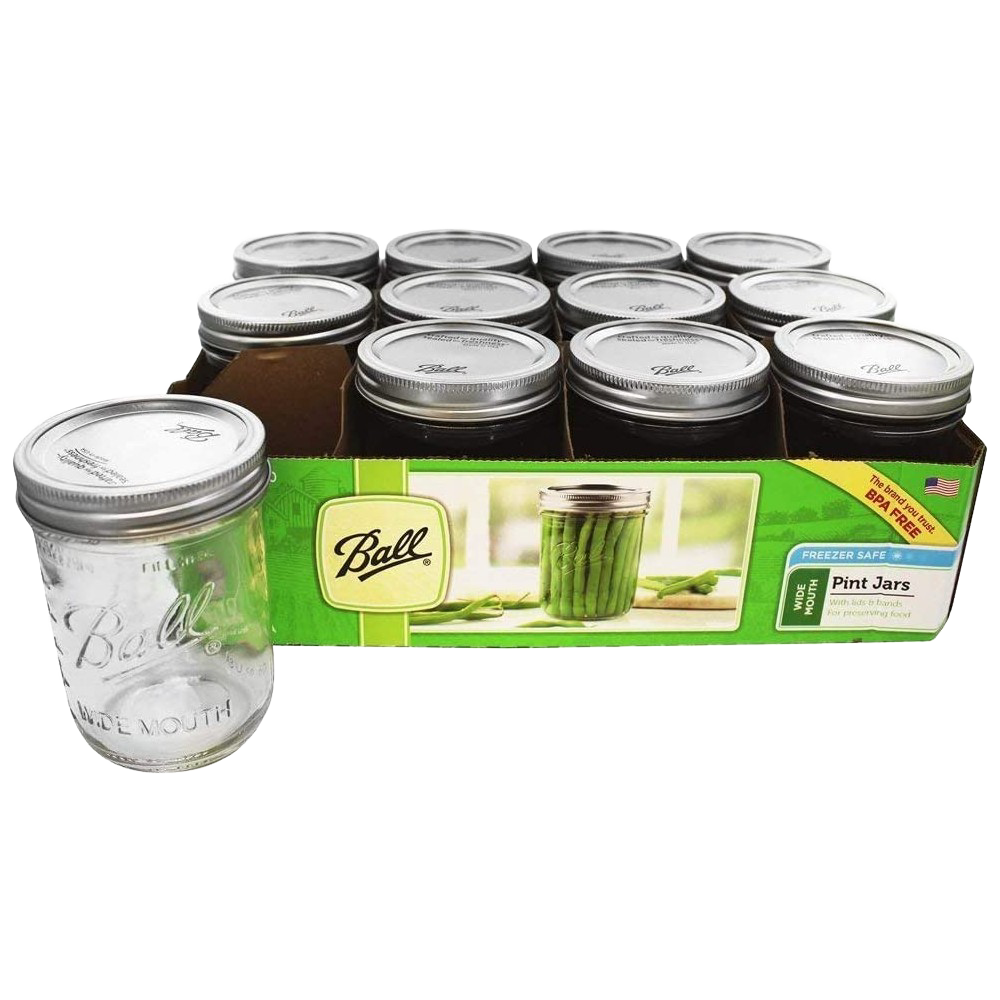 Set of twelve Ball pint wide mouth canning jars with silver metal lids for kitchenware and home storage under $50