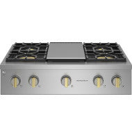 36-inch professional gas rangetop with four burners, integrated griddle, and stainless steel front from Gas Cooktops collection