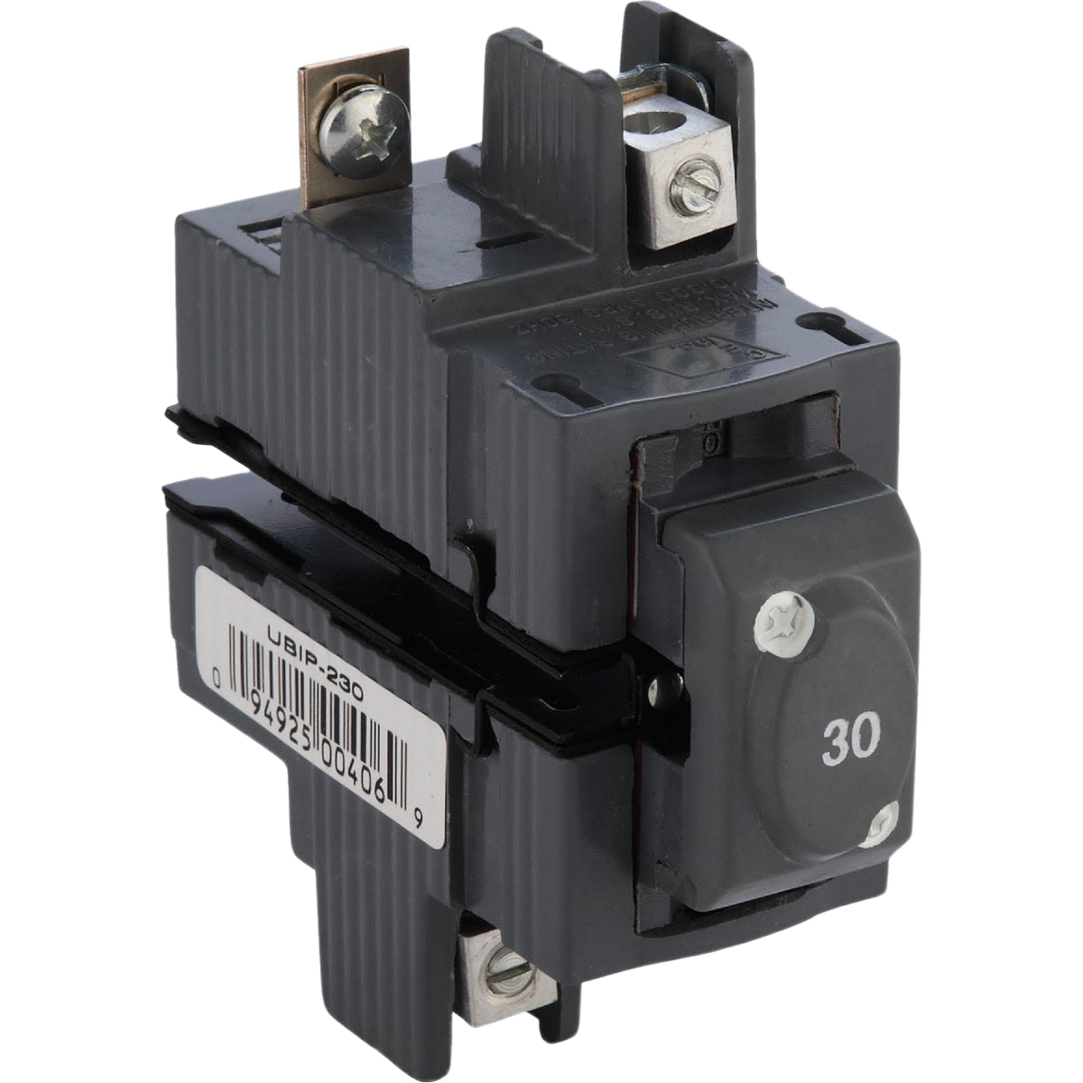Black 30 amp double-pole replacement circuit breaker for residential electrical and home improvement use
