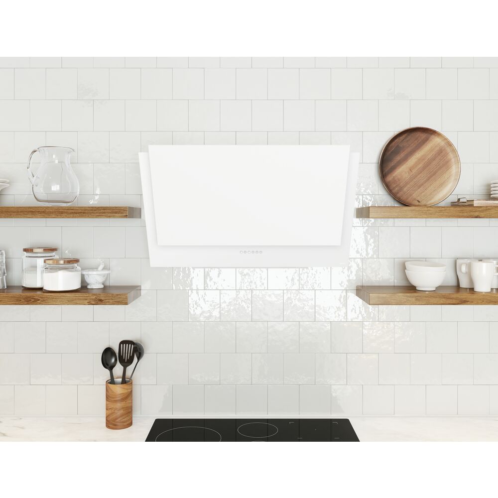 White angled wall hood with capacitive touch controls and LED lighting above black cooktop in kitchen and home improvement setting