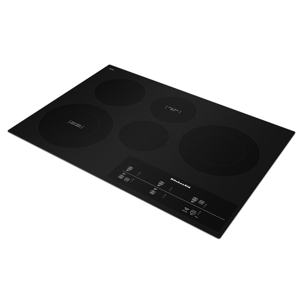 Sleek black electric cooktop with five heating zones and touch controls from KitchenAid cooktops collection