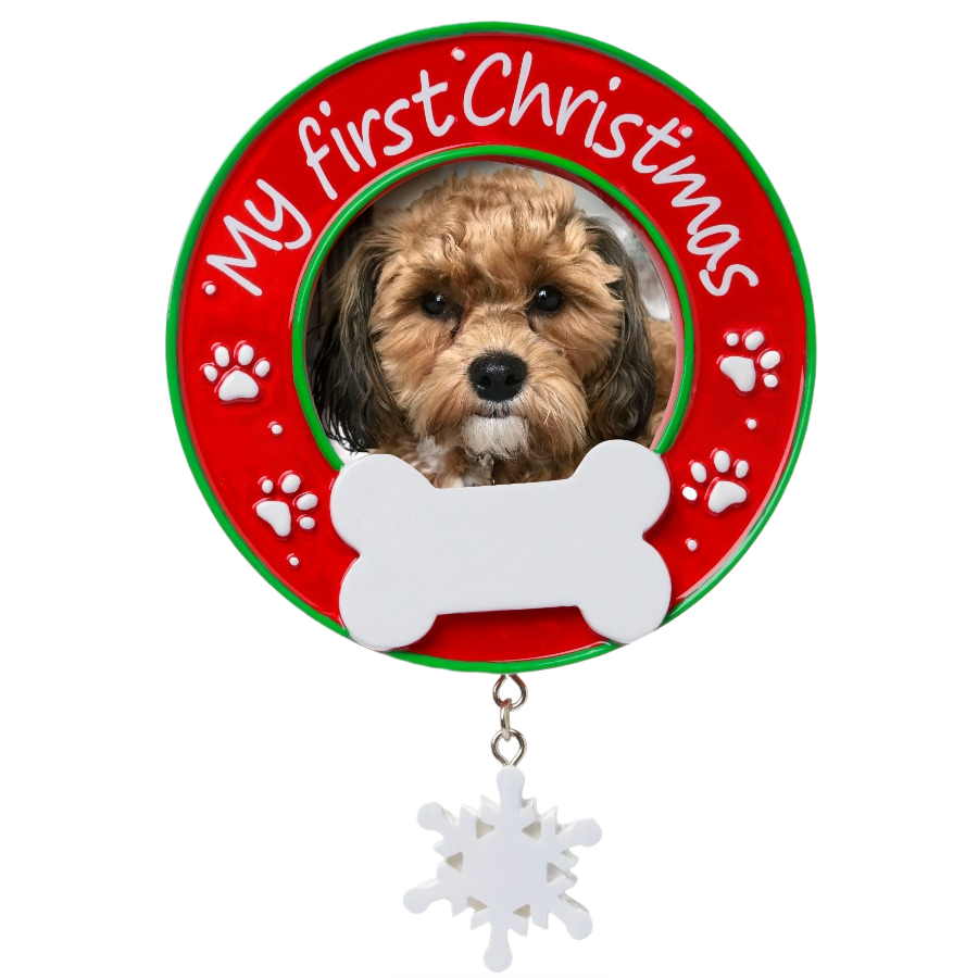 Red and green personalized circular ornament with paw prints, dog bone, and dangling snowflake for Christmas decor under $50