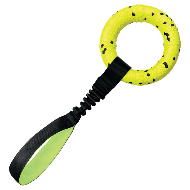 Bright yellow durable dog tug toy with black speckles and strong handle for interactive play and training