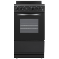 Black 20-inch electric range with six control knobs and glass oven window for kitchen appliance and cooking use