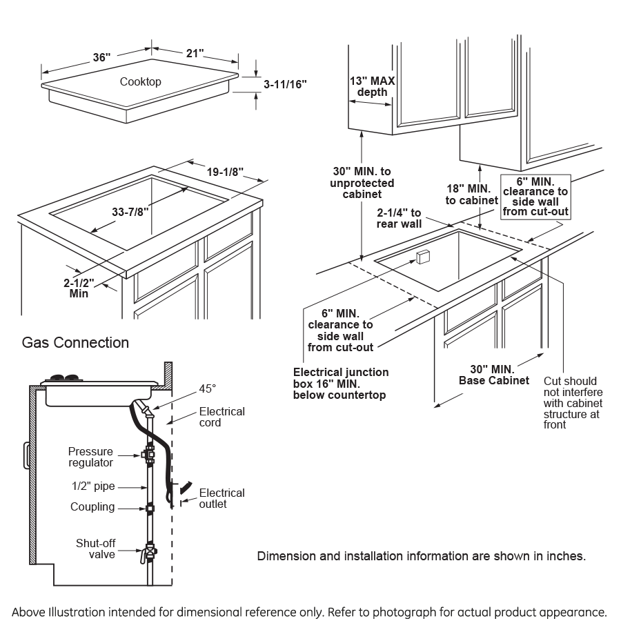 Technical diagram showing installation dimensions and clearances for a built-in gas cooktop in kitchen cabinetry.