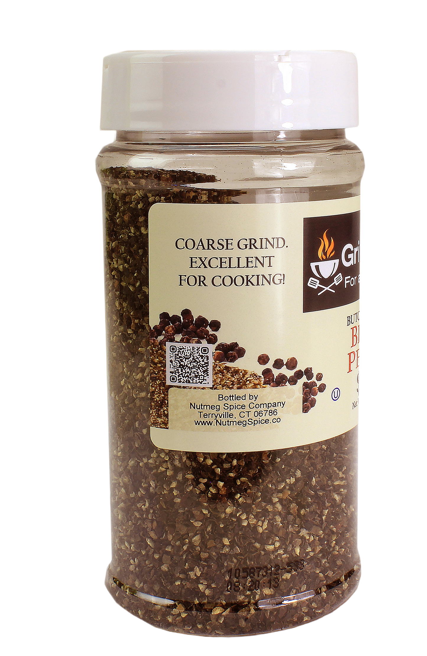 Clear container of coarse black pepper with white lid in Grilling Sauces & Spices and Outdoor Living collections under $50