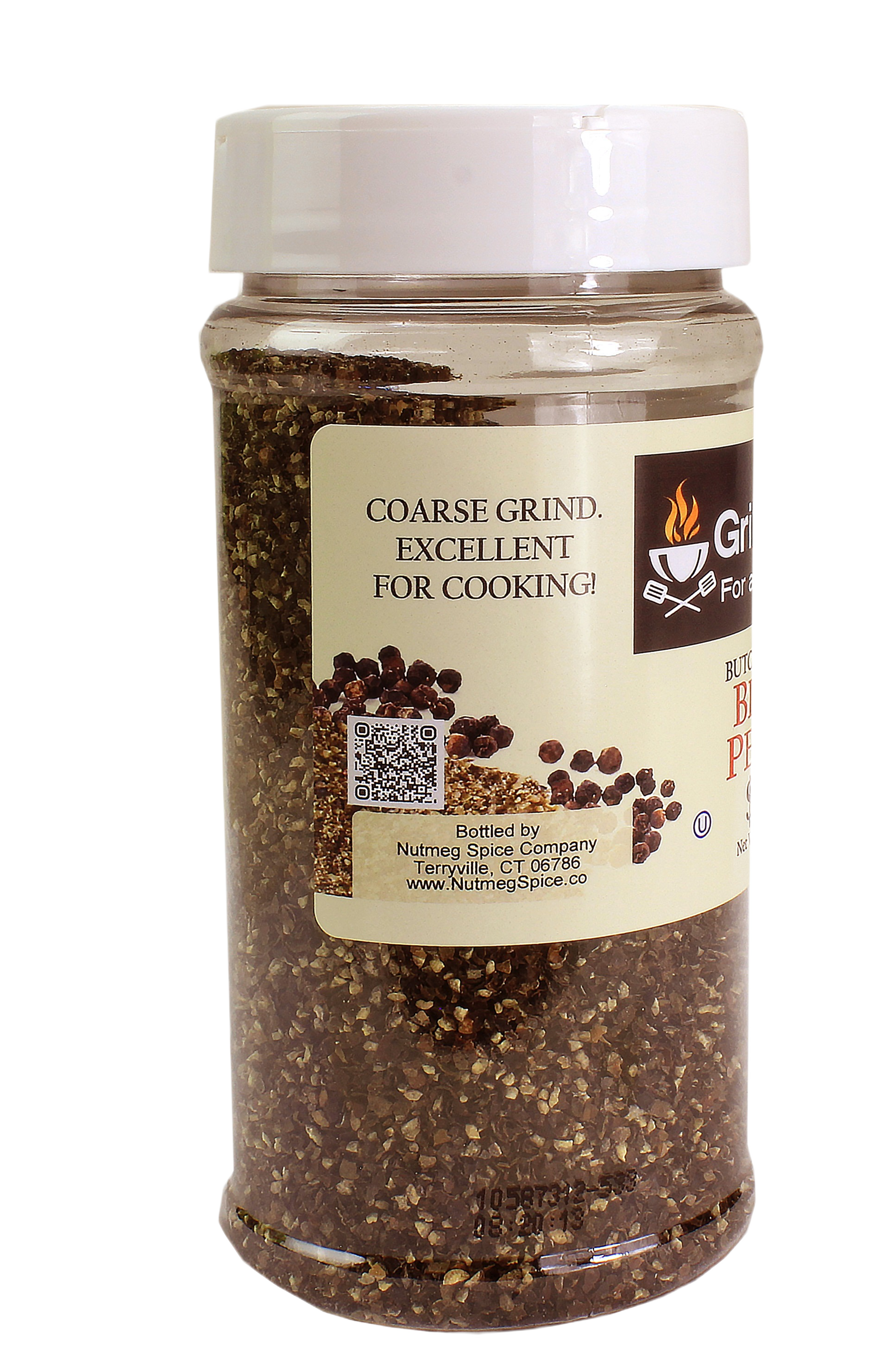 Clear container of coarse black pepper with white lid in Grilling Sauces & Spices and Outdoor Living collections under $50