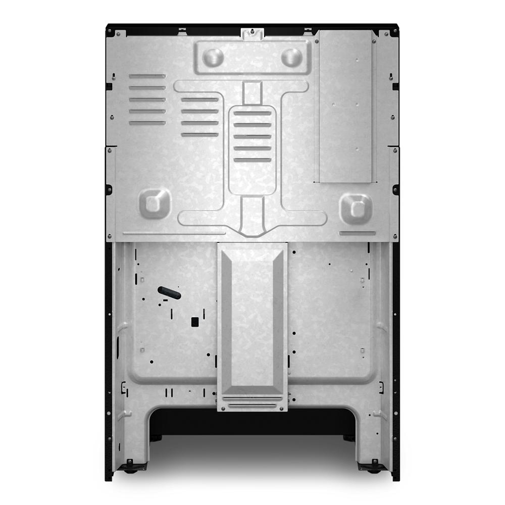 Rear view of metal panel and ventilation components on electric range in ranges and kitchen appliances collections