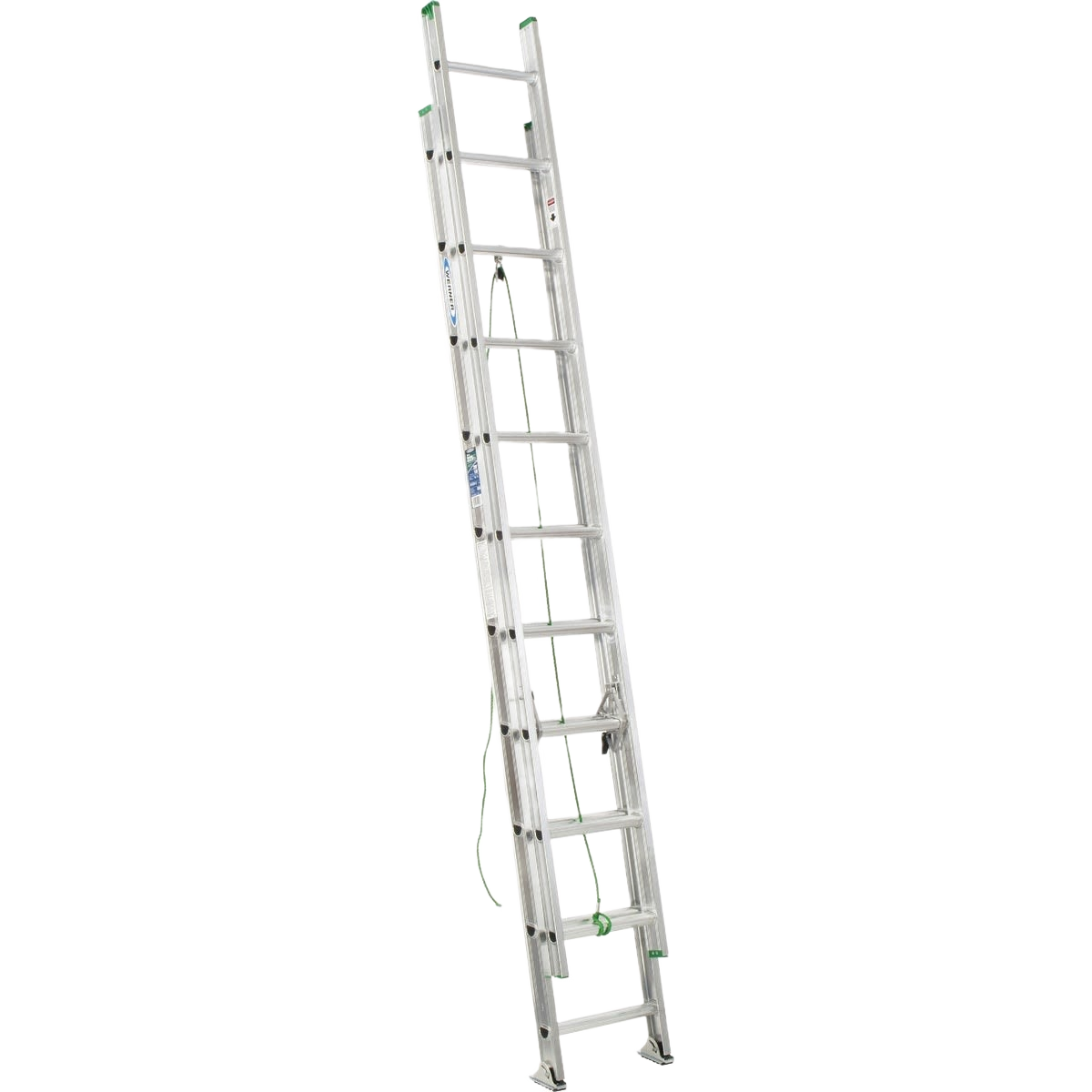 Aluminum extension ladder with green safety feet designed for home improvement and tool use tasks