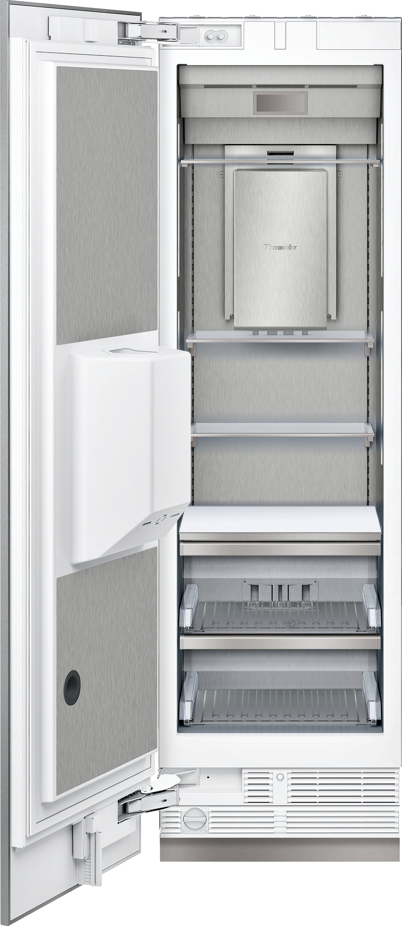Open stainless steel built-in freezer column with panel ready door and external ice and water dispenser for kitchen collections