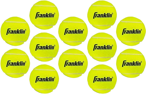 Set of twelve bright yellow official size tennis balls with Franklin Sports logo for recreational play