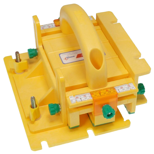 Yellow push block with adjustable guides and handle for saw accessories in tool and power tool collections