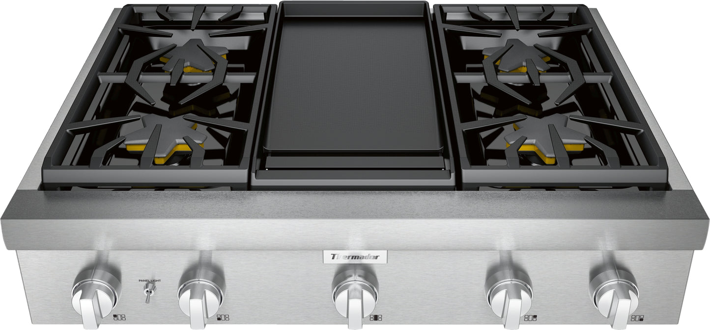 36-inch stainless steel gas rangetop with four burners, center griddle, and professional cast iron grates