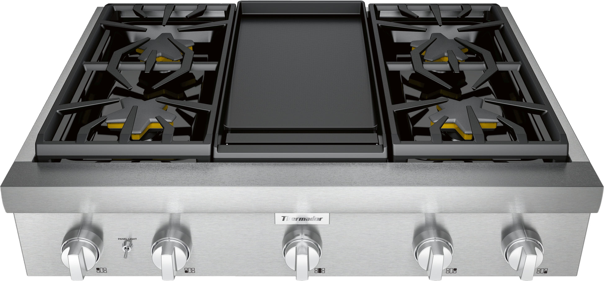 36-inch stainless steel gas rangetop with four burners, center griddle, and professional cast iron grates