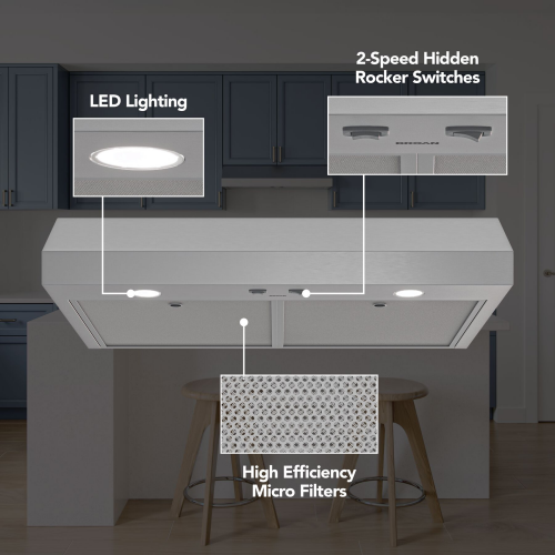 under cabinet range hood with LED lighting, dual-speed rocker switches, and high efficiency micro filters for kitchen appliances