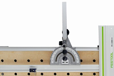 Adjustable angle guide on Festool multifunction table surface for precise woodworking measurements and cuts