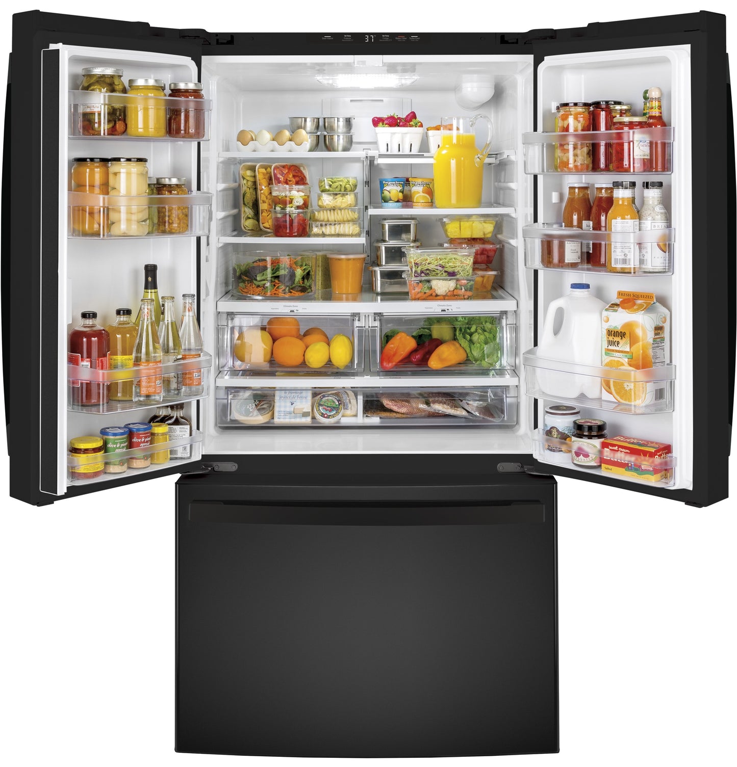 Black French-door refrigerator with open doors showing organized shelves of food and bottom freezer drawer in appliances collection