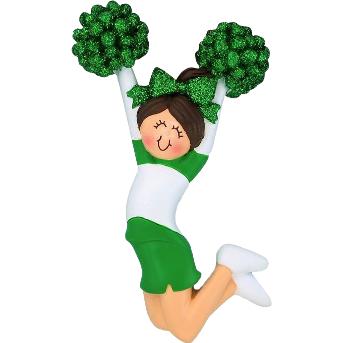 Brunette cheerleader ornament in green uniform with glittery pom-poms for Christmas Ornaments & Tree Decorations under $50