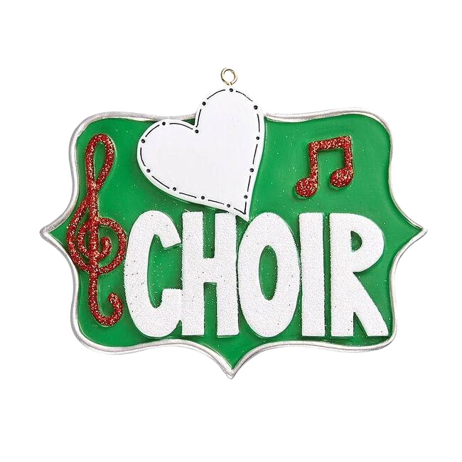 Green choir ornament with white heart and glittery red musical notes for Christmas tree decorations under $50 collection