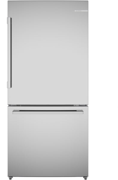Freestanding stainless steel refrigerator with bottom freezer and anti-fingerprint finish in Bosch kitchen appliances collection