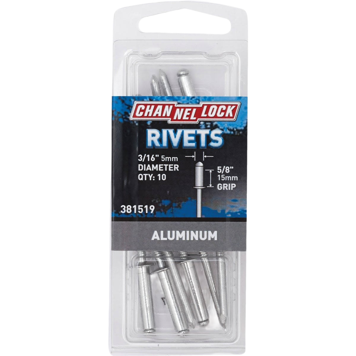Clear plastic package of aluminum pop rivets with 3/16 inch diameter and 5/8 inch grip for home improvement use