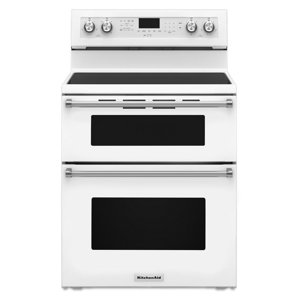 White electric double oven with smooth glass cooktop, five control knobs, digital display, and stainless steel handles, part of Ranges, Electric Ranges, Kitchen & Kitchenware, All Products, KitchenAid, Appliances, and Ranges & Cooktops collections.