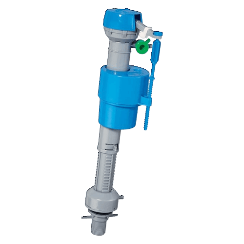 Blue and gray adjustable fill valve for toilet tanks designed for home improvement and plumbing repairs