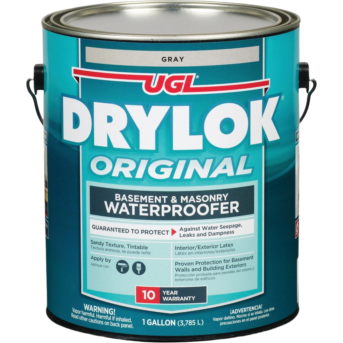 One gallon gray latex waterproofing paint for masonry basement and exterior walls with 10-year protection guarantee