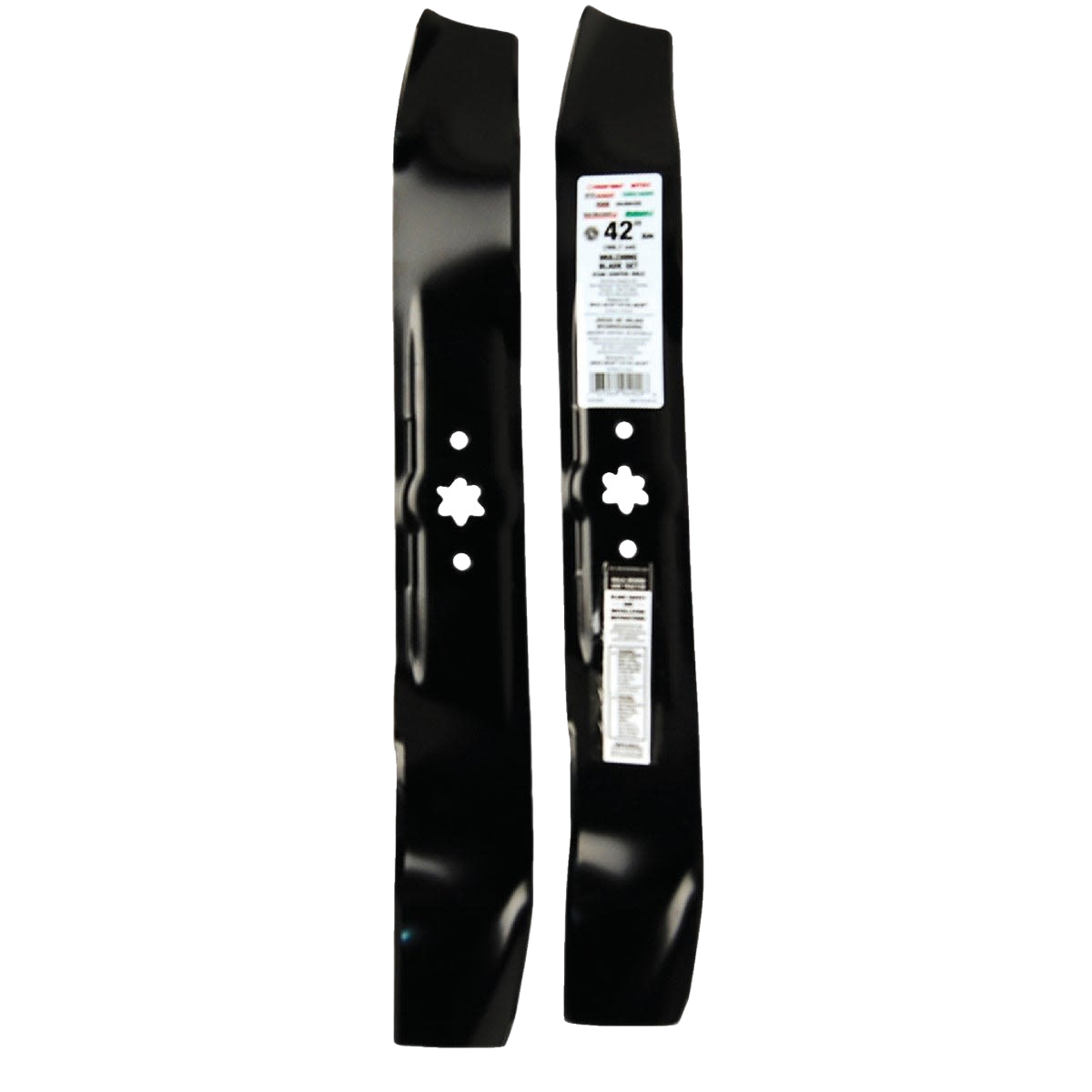 Pair of black 42-inch mulching mower blades with star-shaped mounting holes, part of Parts & Lubricants collection
