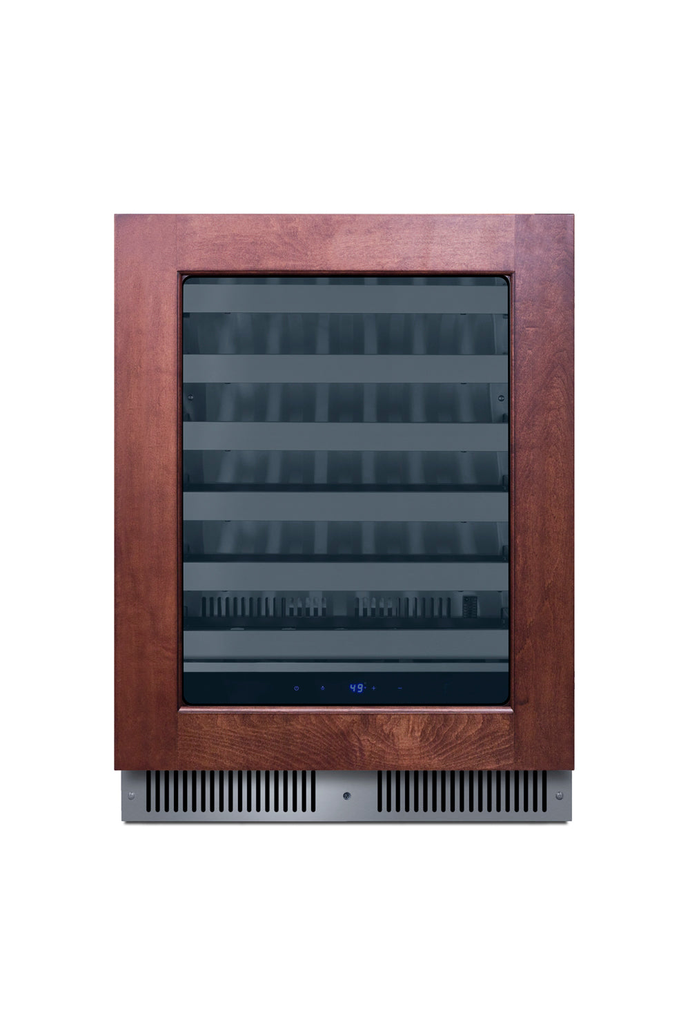 Built-in wine cellar with wooden frame and glass door featuring digital temperature display in kitchen appliances collection