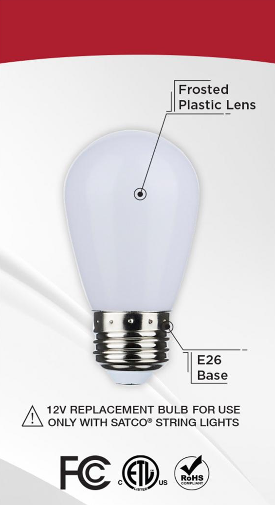 Frosted plastic lens replacement bulb with E26 base for use with Satco string lights in outdoor lighting and electrical projects