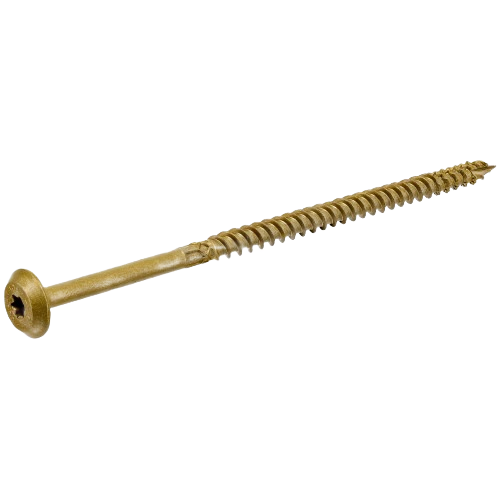 Close-up of a gold-tone long screw with star drive and sharp tapered tip for fastening in tools and home improvement tasks