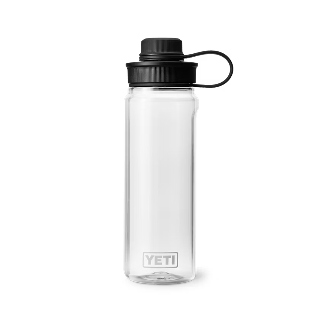 Clear 25 oz. water bottle with black tether cap, durable drinkware for kitchen and outdoor use collections