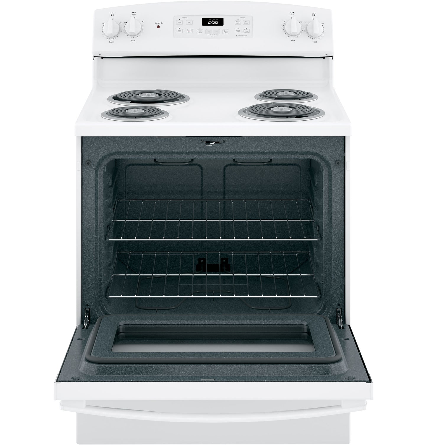 White free-standing electric range with coil burners and open oven door showing two racks in kitchen appliances collection