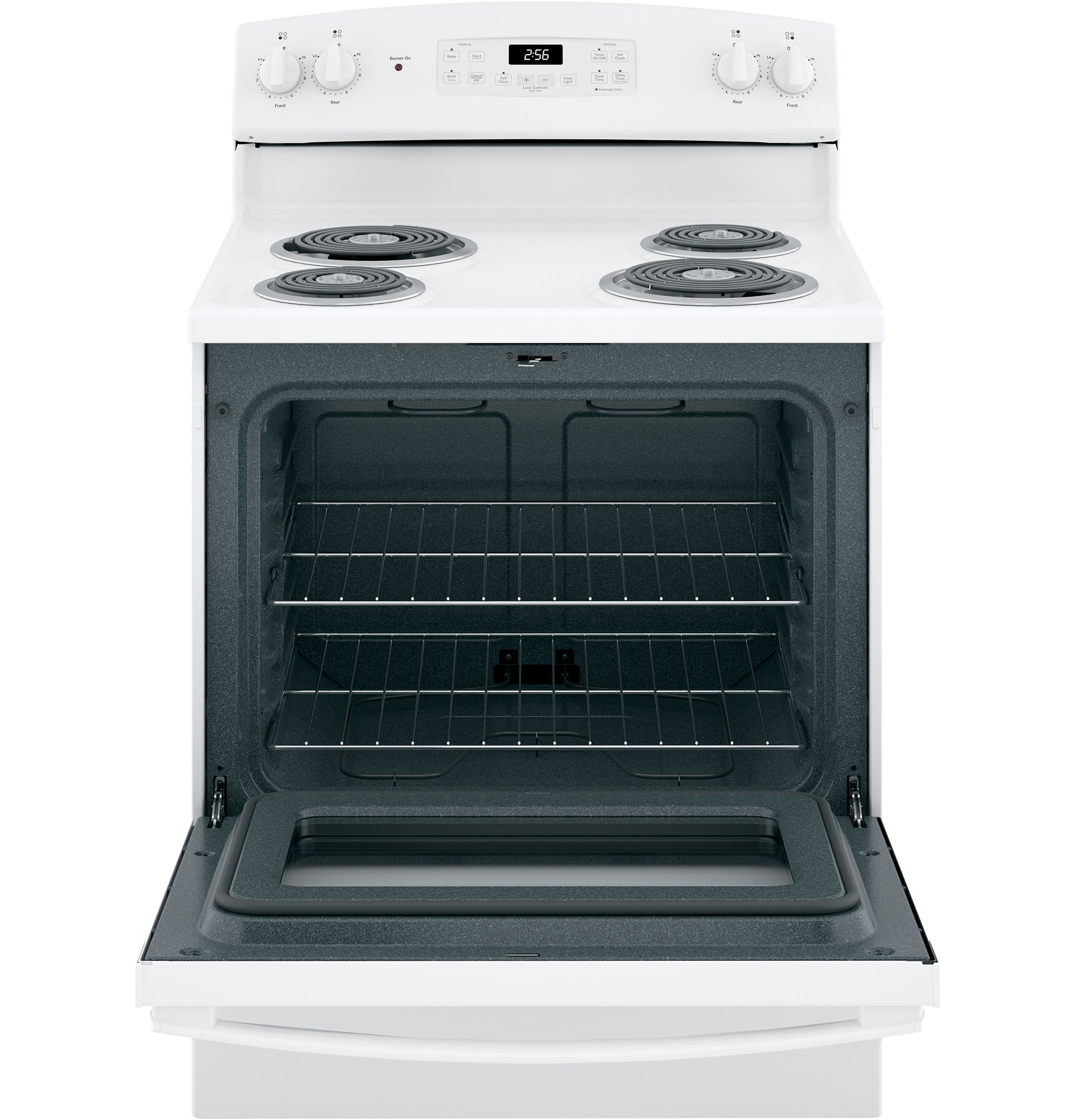 White free-standing electric range with coil burners and open oven door showing two racks in kitchen appliances collection