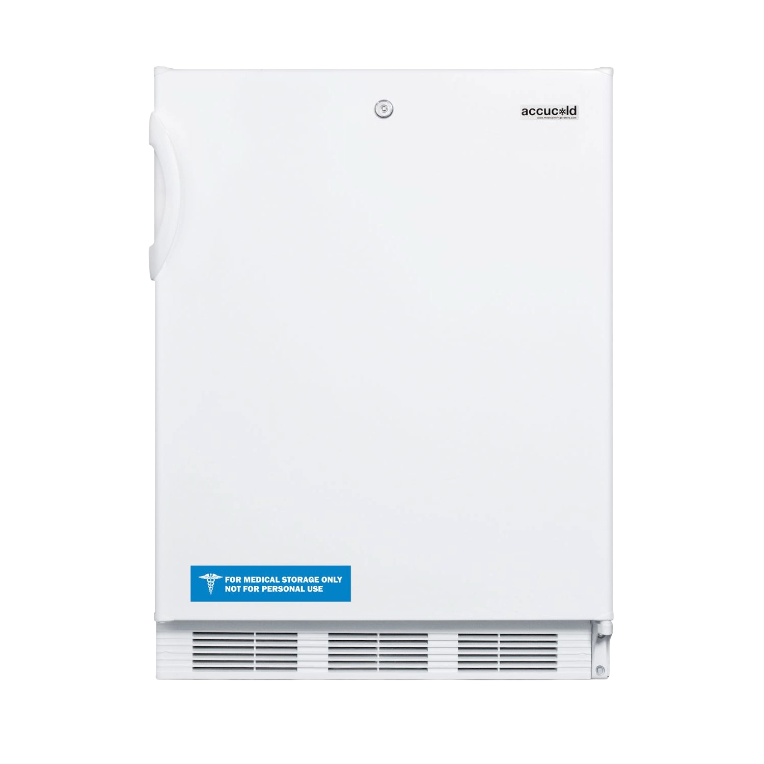 White 24-inch wide all-refrigerator with lockable door and ventilation grille, part of appliances collection