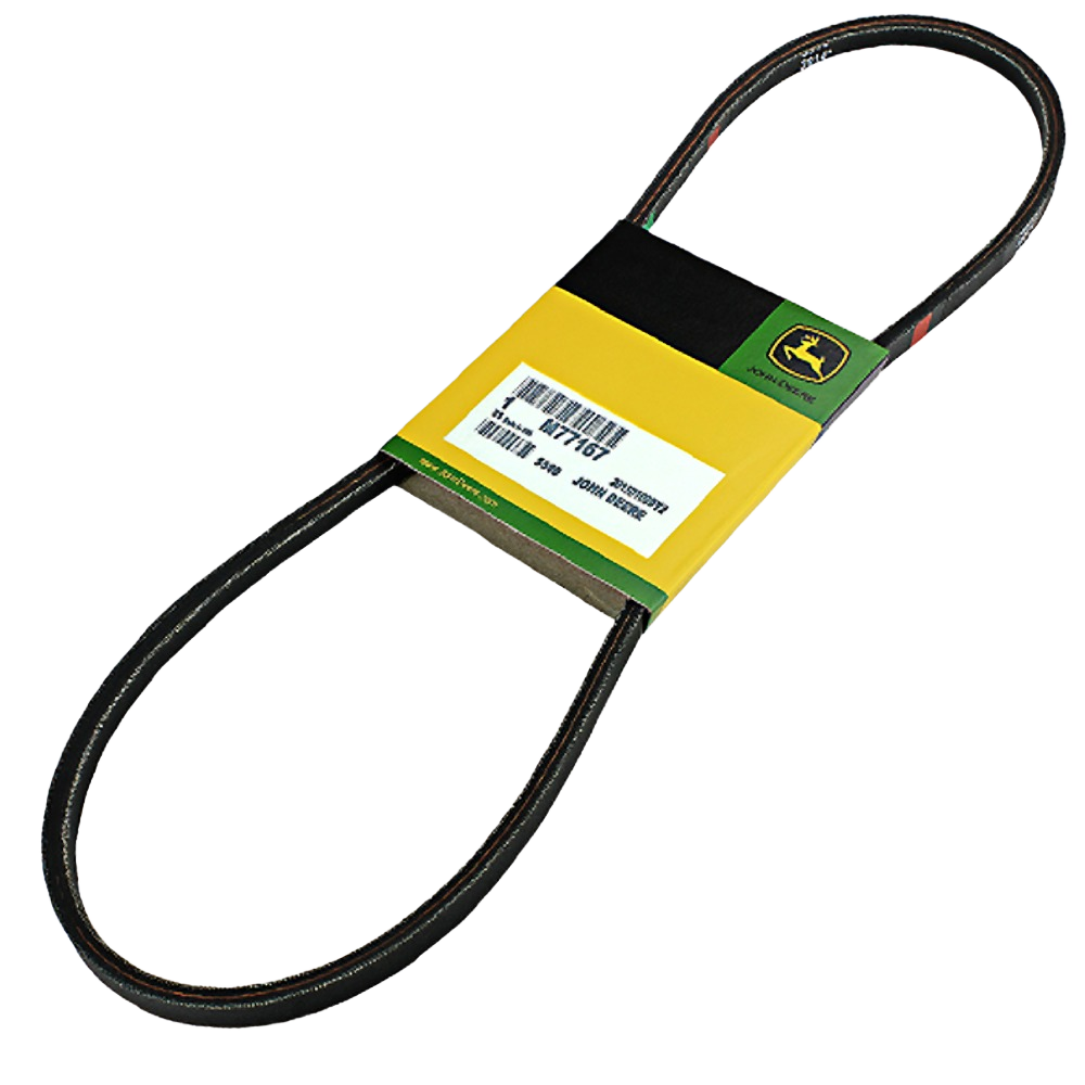 Black V-belt with green and yellow packaging for outdoor power equipment maintenance and tools use