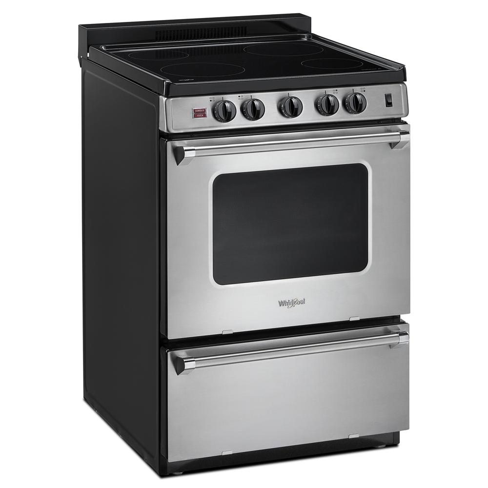 Freestanding electric range with stainless steel finish and upswept cooktop designed for kitchen and appliance collections