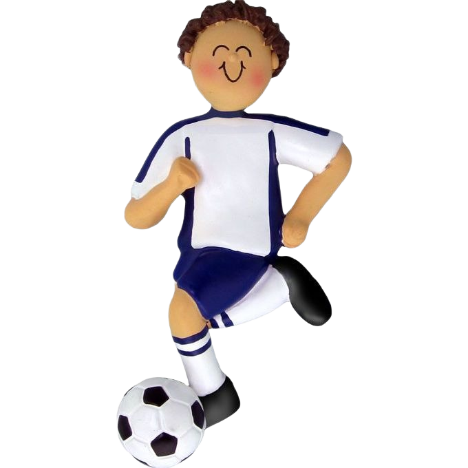 Brunette male figurine in blue and white soccer uniform kicking ball for Christmas Ornaments & Tree Decorations collection