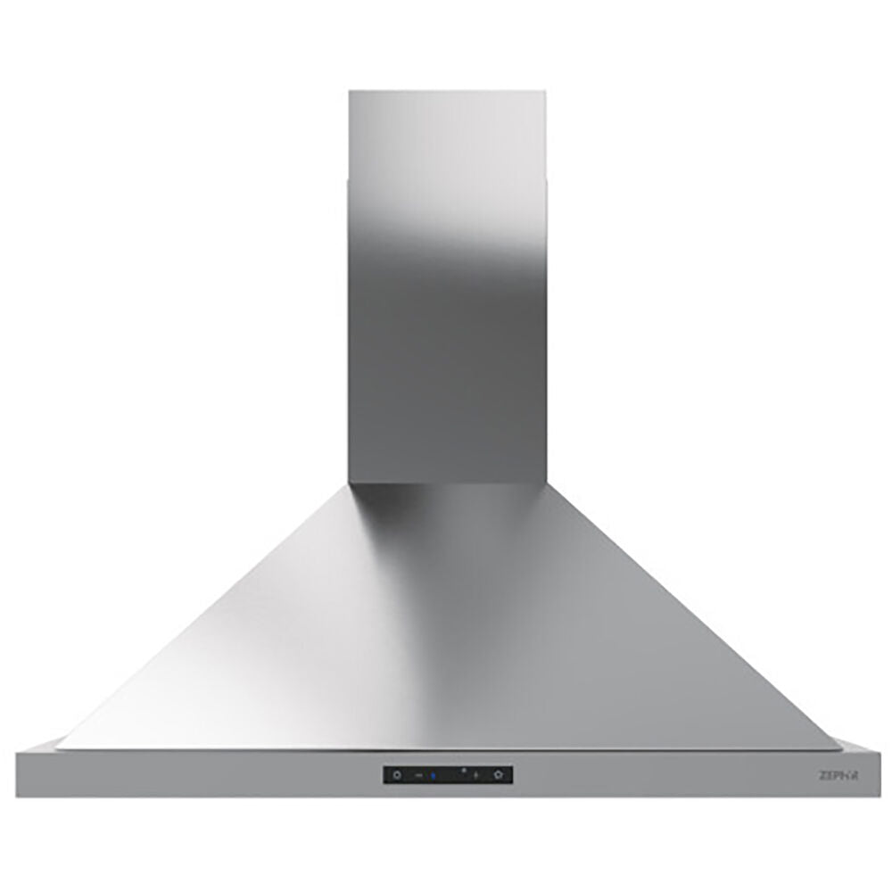 Wall mounted stainless steel chimney hood with LED lighting and digital touchscreen controls from kitchen appliances collection