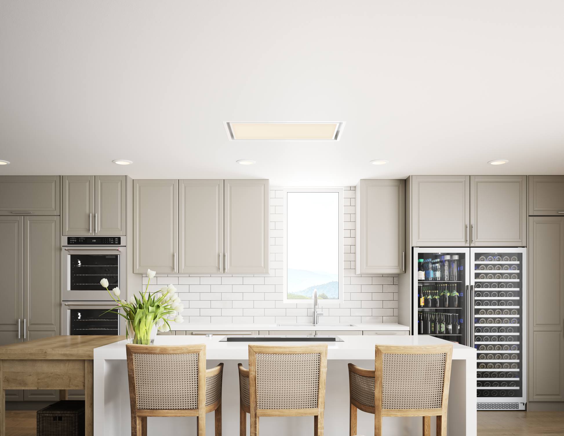 White 36-inch in-ceiling island range hood with minimalist design installed in modern kitchen setting, part of Range Hoods, Kitchen & Kitchenware, Appliances at Hartville Hardware.